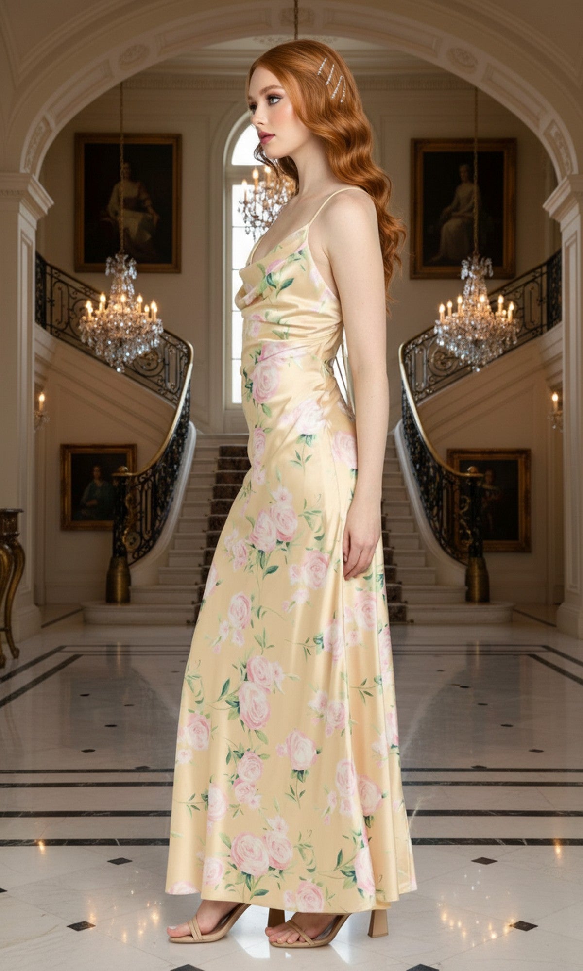 A woman with long red hair stands in a marble foyer wearing the Morgan 14175 Yellow Floral Satin Prom Dress with a cowl neckline and heels; chandeliers and portraits decorate the background.